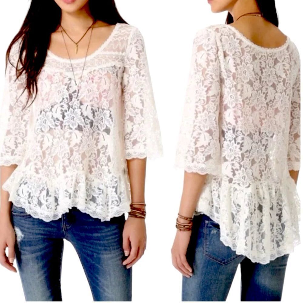 Free People Lily Lace Romantic Feminine Bell Sleeve Ivory Cream Boho Blouse sz S